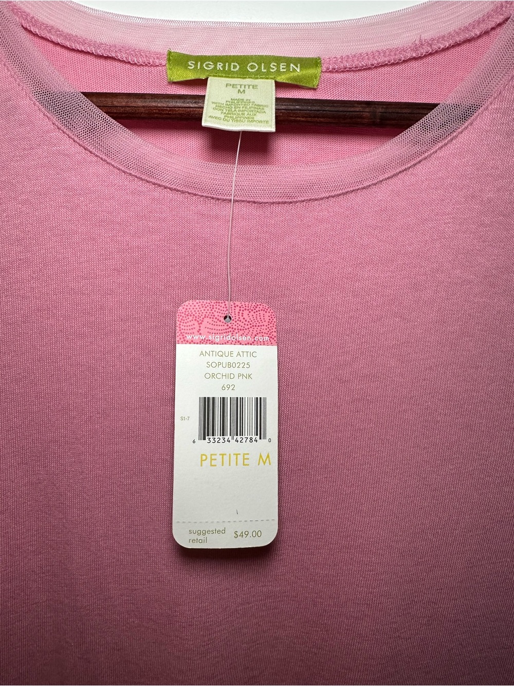 Sigrid Olsen Cotton Tee NWT Mesh Trim T-Shirt in Orchid Pink Size M Petite - Picture 4 of 7